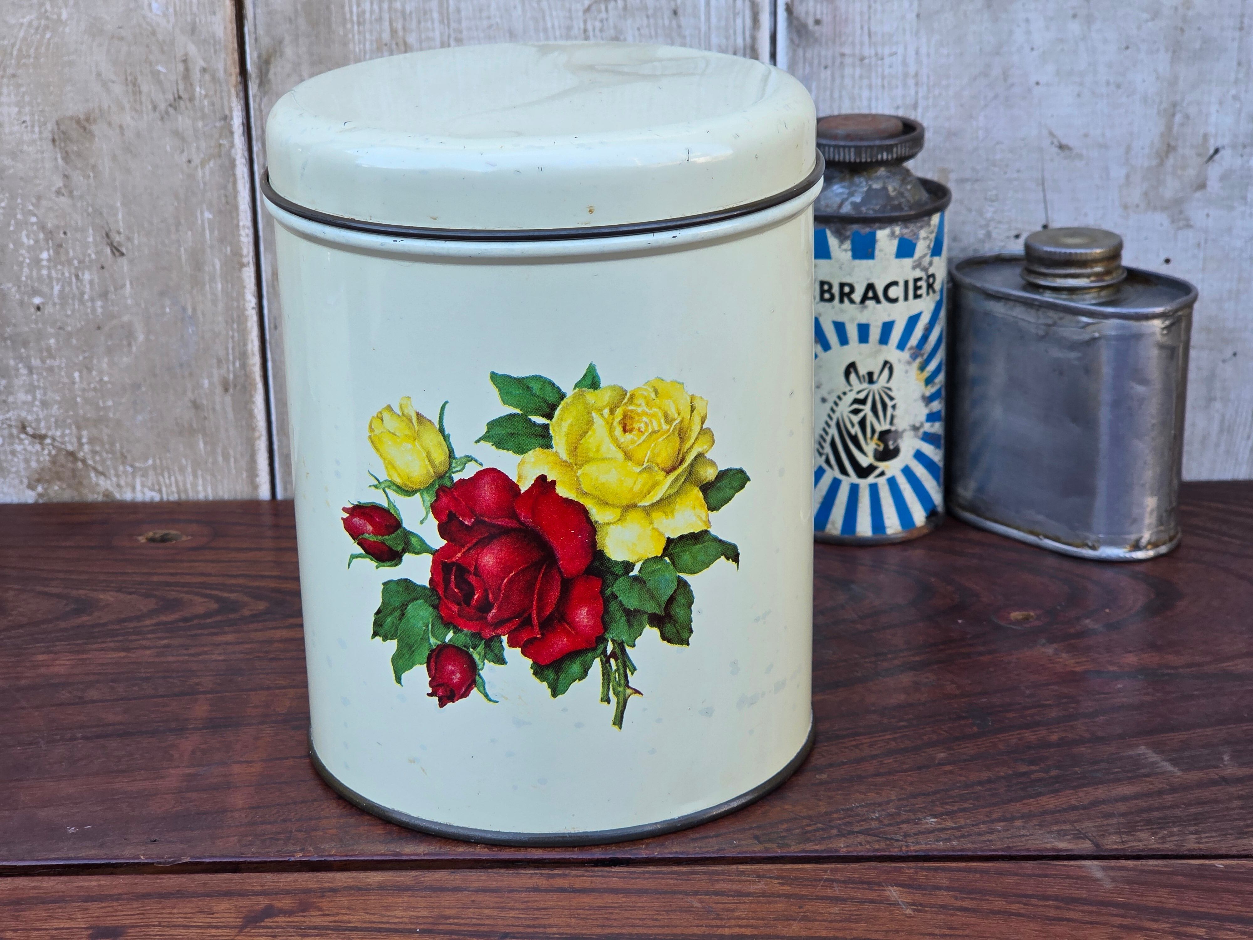 【Vintage】デンマーク IRAスチールキャニスター ローズ ホワイト /f211