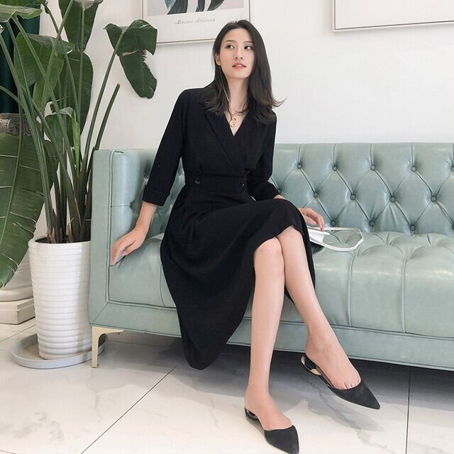 ワンピース フレアワンピース 襟付きワンピース黒 アシンメトリー ワンピース 七分袖 ワンピース 膝下 ワンピース 黒のワンピース オケージョン 上品 きれいめ クラシカル 大人女子ファッション 代 30代 40代 春 秋 冬 P6356 Kirari きらり