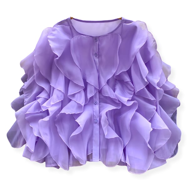 ◾️【TOMO KOIZUMI】ラッフルスリーブ　フリルTシャツ　パープル系　美品 D2672 ラッフル フリル 前開き フリルスリーブ ドレスシャツ ブラウス