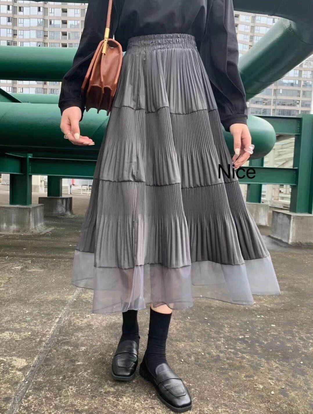 プリーツ×シフォン切り替えスカート　AJ11394−1676