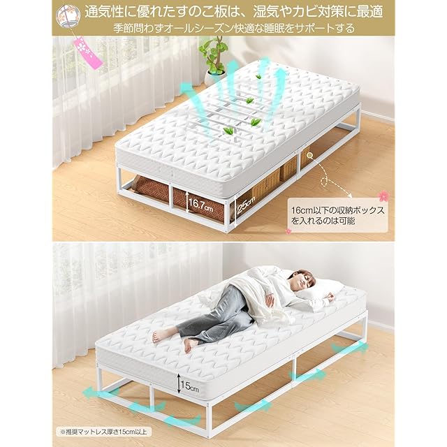 耐荷重300kg]ベッドフレーム セミダブル 白 Holdm パイプベッド