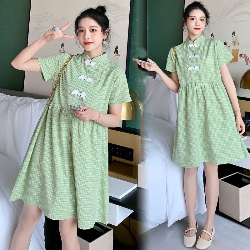 【新作】【送料無料】 マタニティウェア2020夏の新しいファッションチェック柄改良チャイナドレス、年齢を減らすミドル丈のマタニティドレス-アリババ サマー 夏物 expec2211161082