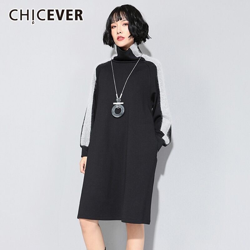 CHICEVERヒットカラードレス女性タートルネック長袖ルーズシックウォームドレス秋冬プラスサイズの服 ロング 大きめサイズ オータム 秋物 ウィンター 冬物 6base585597501059