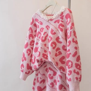 【2点セット】レオパードジャガードニットトップス＋ミニスカ ・74247