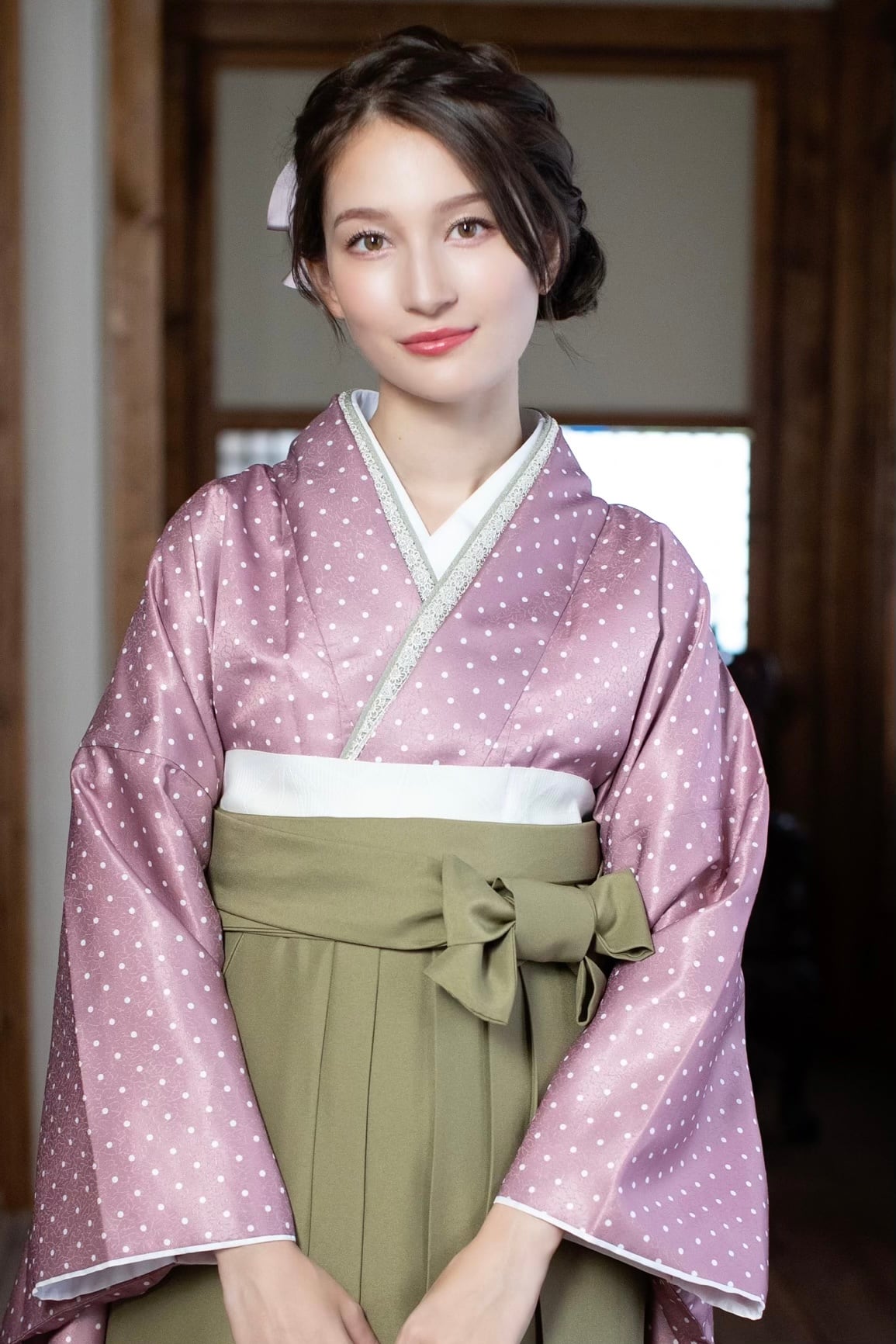 Kimono Sienne 卒業式袴3点セット 幾何学模様 二尺袖着物 袴 白黒×黒袴