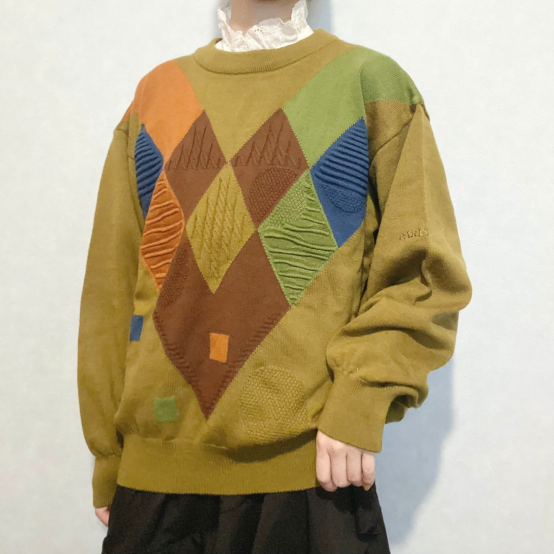 ヴィンテージ 立体ニット 刺繍ロゴ ショールカラー ブルゾン 異素材 