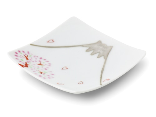 色絵銀彩桜富士図9cm角小皿