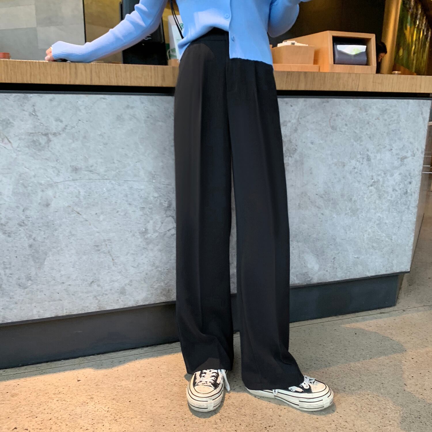 ウェストワイドレッグパンツ レディーススプリングスタンダードルーズブラックカジュアル レトロ 春物 ワイドパンツ 6Du_Shop_Women91613449920