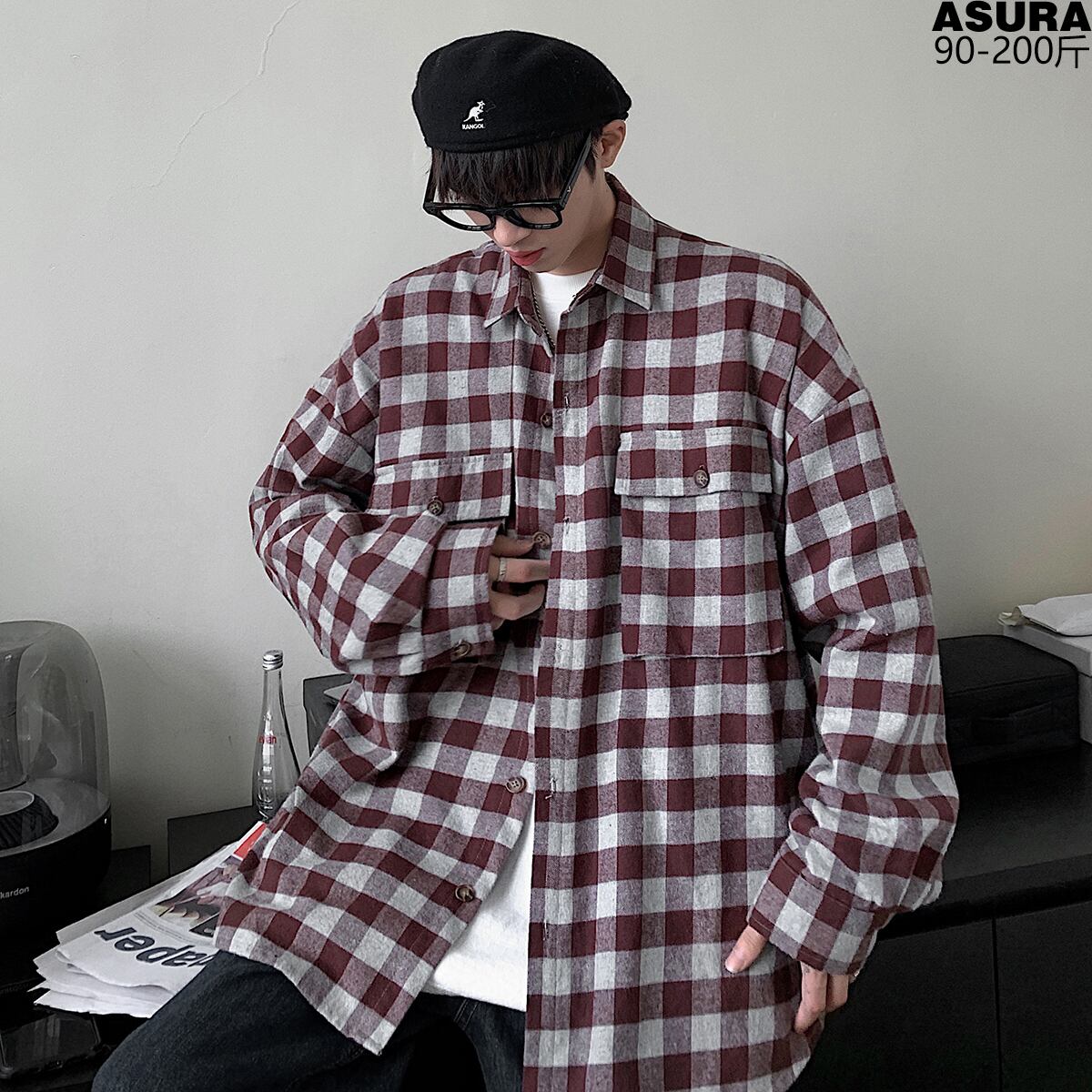 格子柄シャツ オータムルーズ ロング 大きめサイズ 秋物 ASURAプラスサイズメンズ25916033709