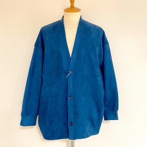 Fake Suede Double Knit Collarless Jacket　Blue