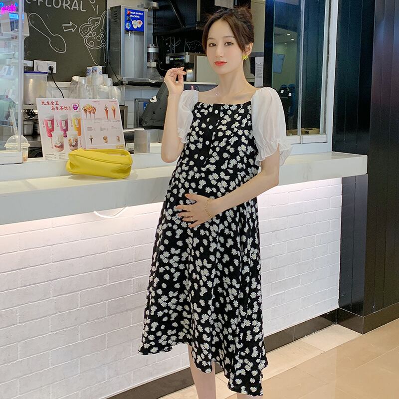 【新作】【送料無料】 マタニティウェア2020夏の新しいシフォン小さなデイジースクエアネックドレス、年齢を減らすミドル丈のファッションマタニティドレス-アリババ サマー 夏物 スクウェア expec24799095910