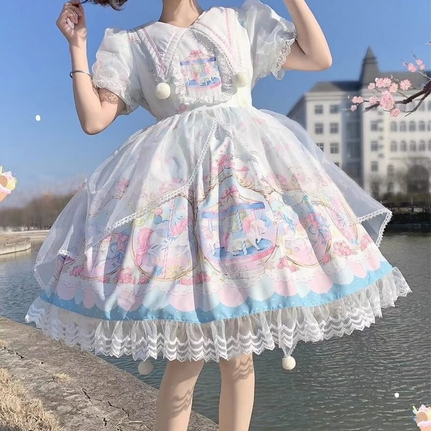 ロリータ　ワンピース カルーセル メリーゴーランド スイートロリータ ワンピ キャンディカラー メリーゴーランド レース
