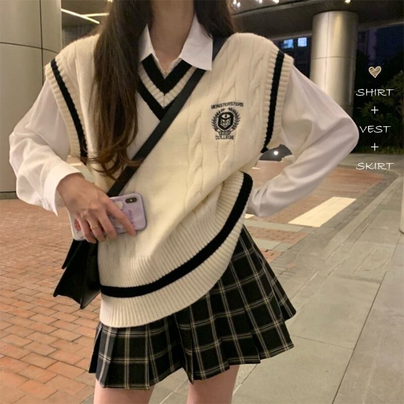 韓国スクールガール風 ベスト シャツ スカートの3点セット 学生 ニット ミニスカート チェック 高校生 制服 Lamitte Deco トレンド 韓国ファッション ショップ Base店