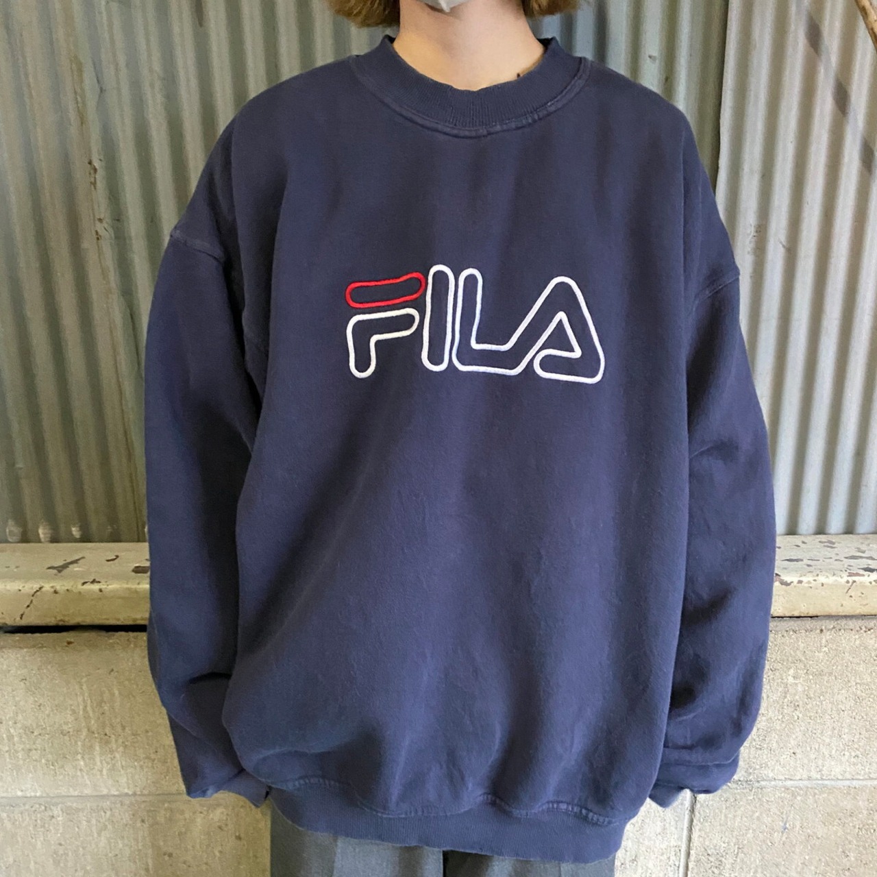 FILA フィラ ロゴ刺繍 スウェット メンズL 古着 トレーナー ネイビー 