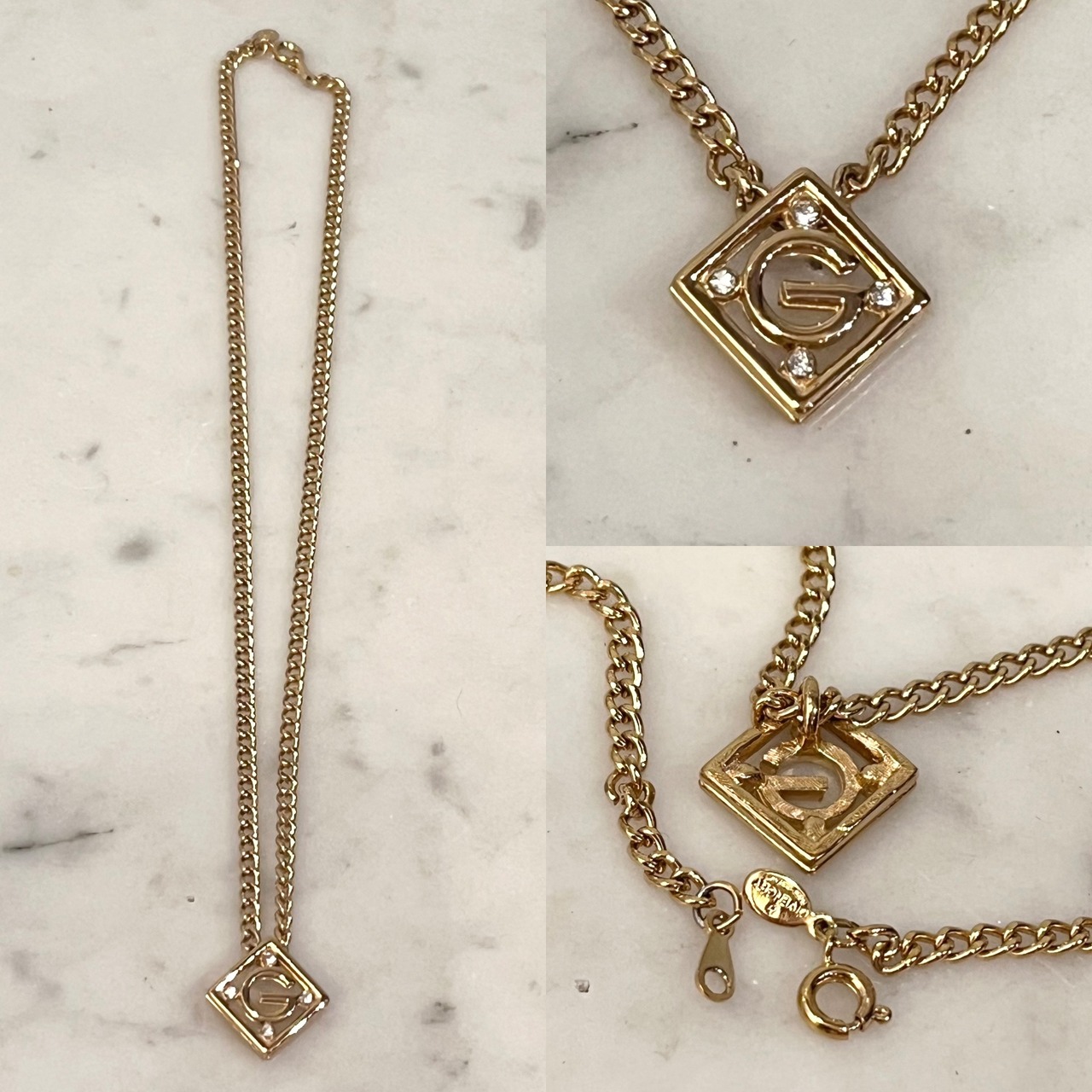 vintage GIVENCHY gold color metal "G" square pendant rhinestone necklace