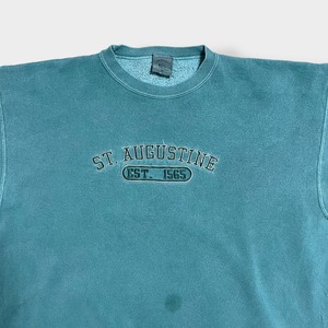 【LAKESHIRTS】USA素材 St. Augustine 刺繍 アーチロゴ スウェット トレーナー プルオーバー くすみカラー アースカラーくすみグリーン M US古着