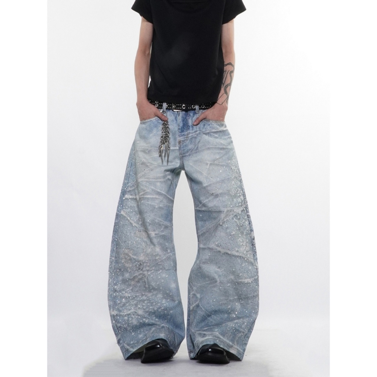 ストリート ウェーブラインストーン デニムパンツ P388