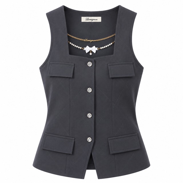 Lumignon original ♥Pearl ribbon chain quilting gilet【ダークグレー】