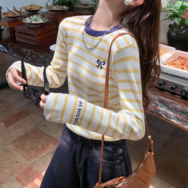 border ribbon embroidered knit top J00093