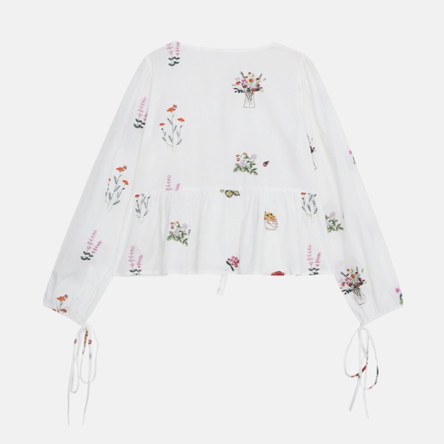 floral embroidered v-neck ribbon blouse　J00531
