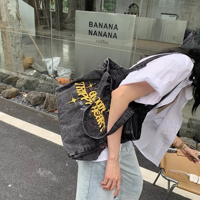 ワッペンデザインデニムトートバッグ
