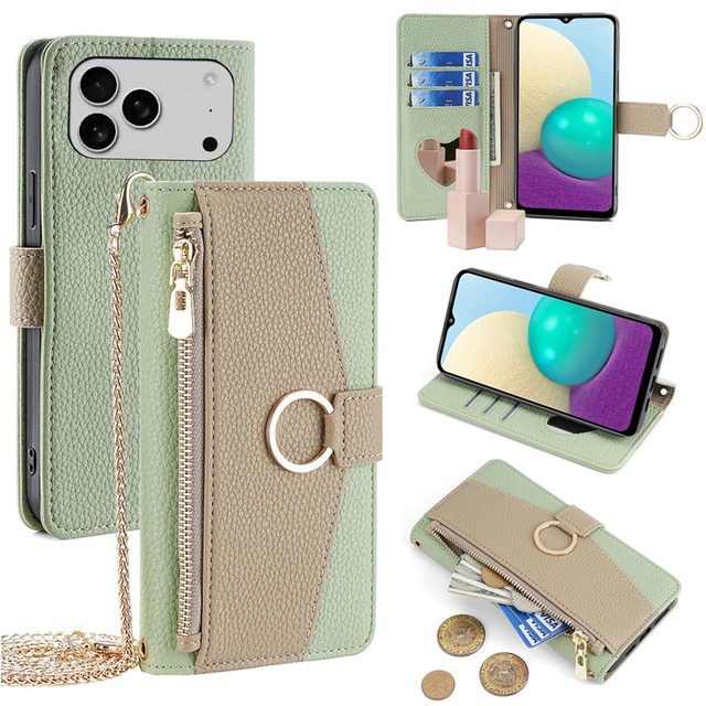 For iPhone 18 Pro/iPhone 17 Pro ケース 手帳型 ショルダー For iPhone 18プロ 財布型 カバー 肩掛け 斜めがけ 化粧鏡付き 女性 おしゃれ ロングストラップ ジッパー小銭入れ カード収納 横置き 上質な手触り 耐汚れ気質 肌感レザー 防指紋 耐久性 贈り物 COCOCLOUD グリーン