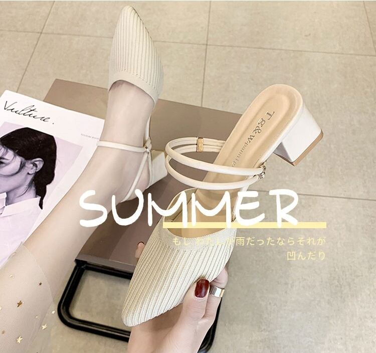 ポインテッド トゥ 5cm ヒール サンダル ミュール ママ 学生 OL 通勤