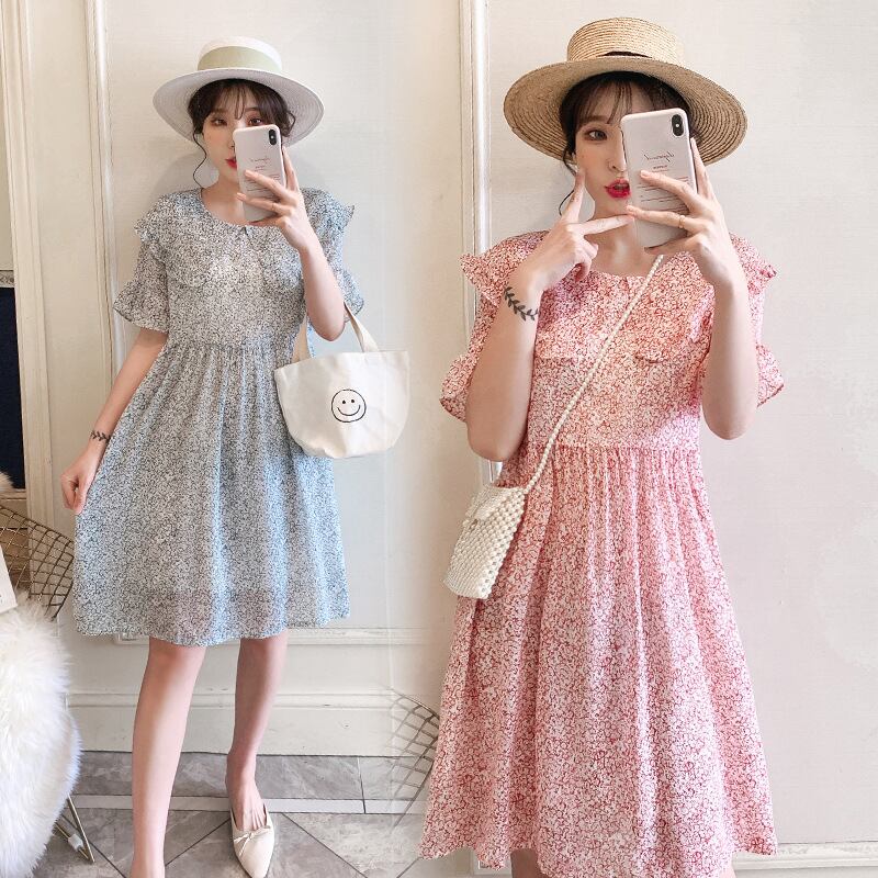 【新作】【送料無料】 マタニティ服2019夏妊娠中の女性スタイルシフォンフローラルドレス痩身ピーターパン襟ドレス サマー 夏物 花柄 AL expec352636713057