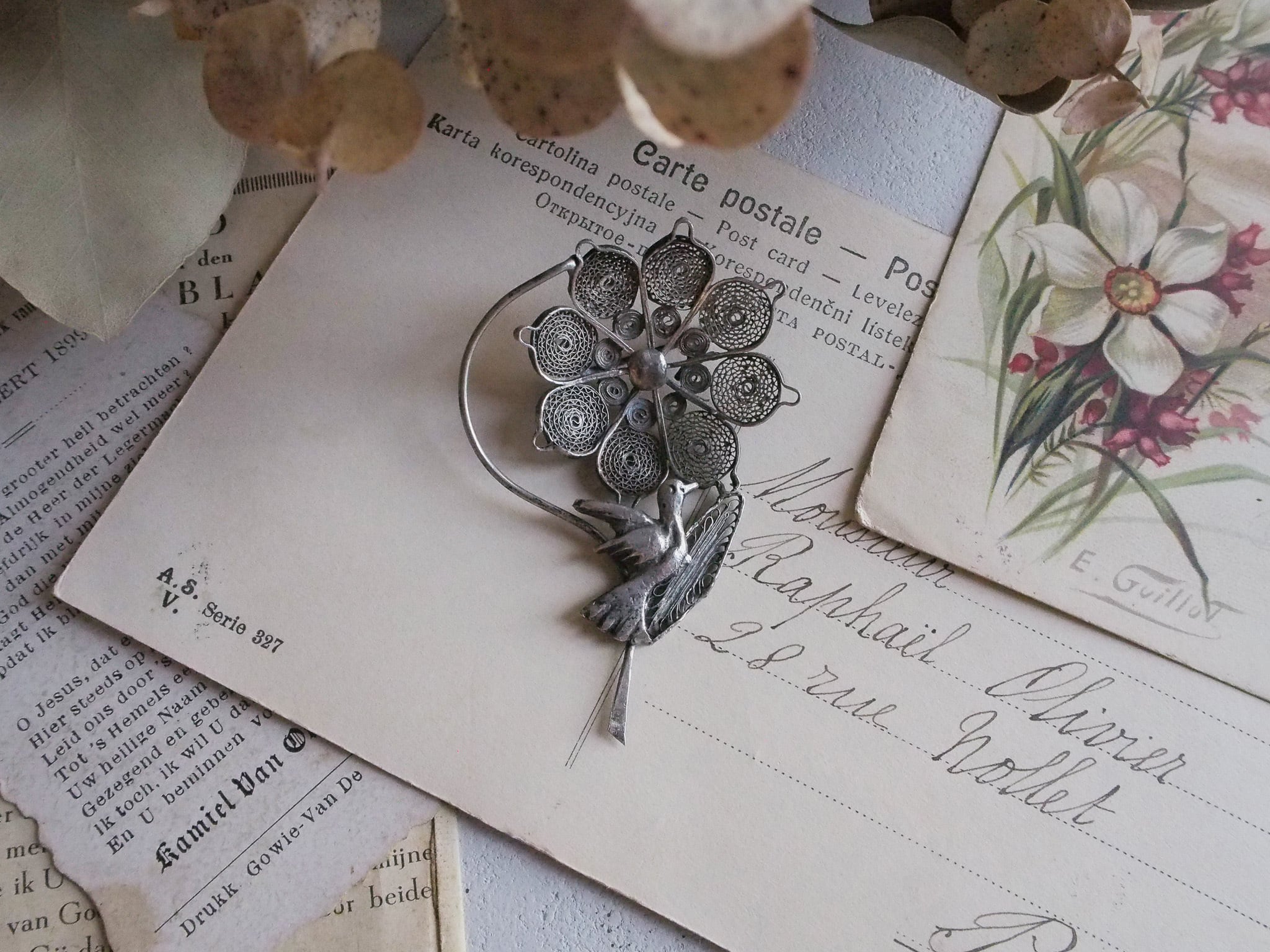 鳥と花のシルバーブローチ | アンティークアクセサリー ｜antique