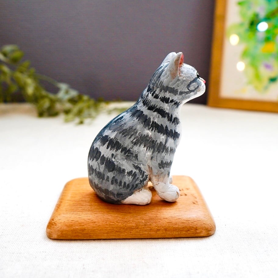 猫の木製彫刻 手彫り 約15cm 木彫り猫 86 | Forest cat