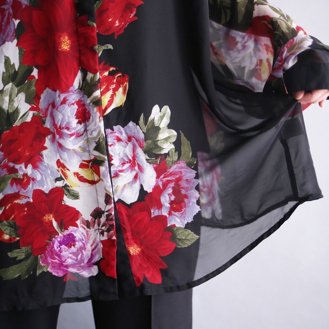 flower art graphic see-through fry-front loose shirt
