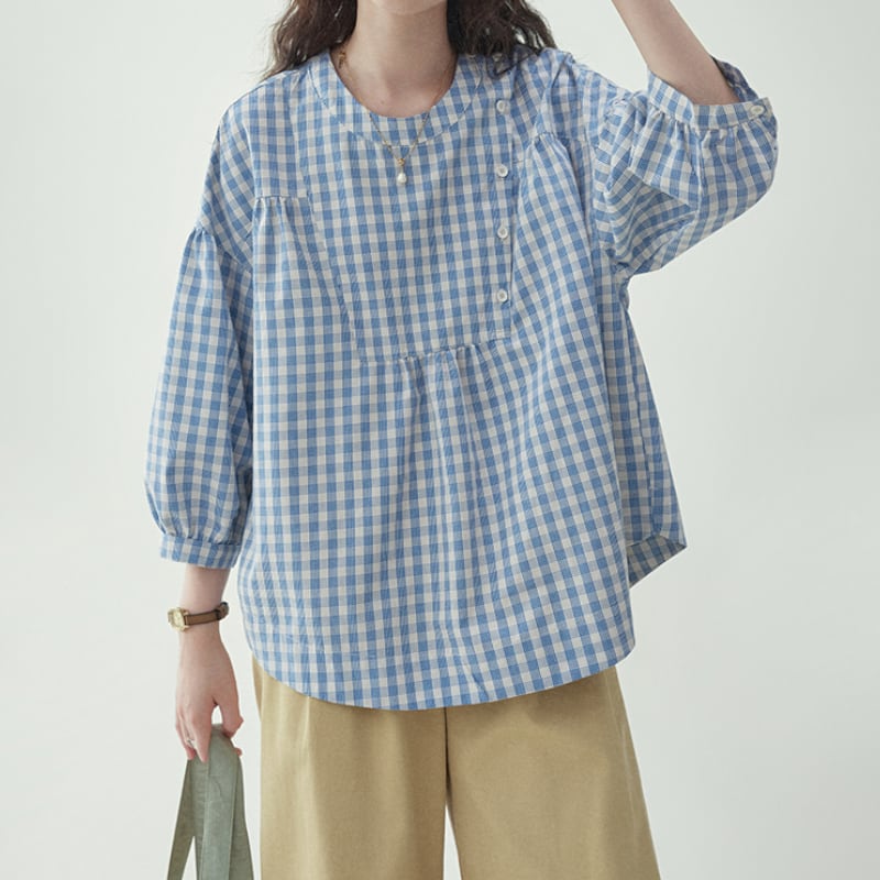 パフスリーブチェック柄ボタンシャツ M1745