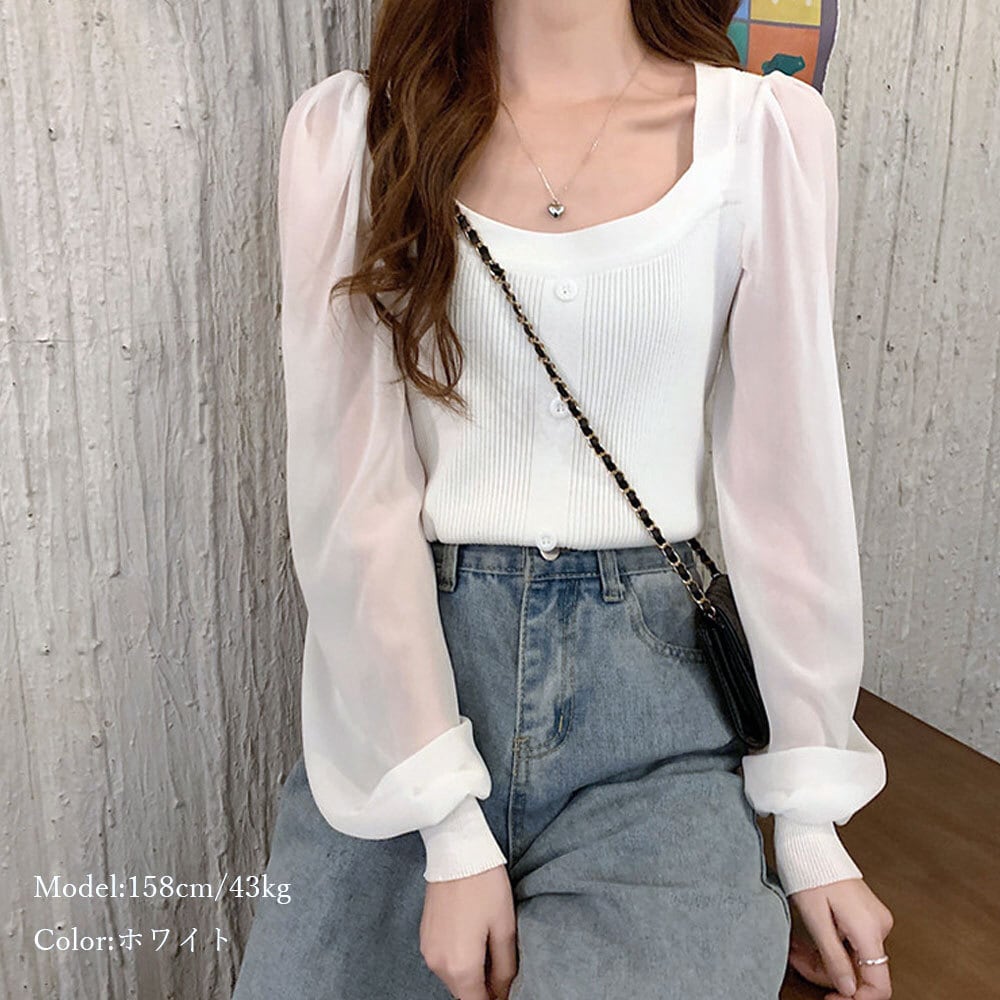 袖シフォンニットトップス 袖シフォンプリーツニットプルオーバー | Chez toi(シェトワ