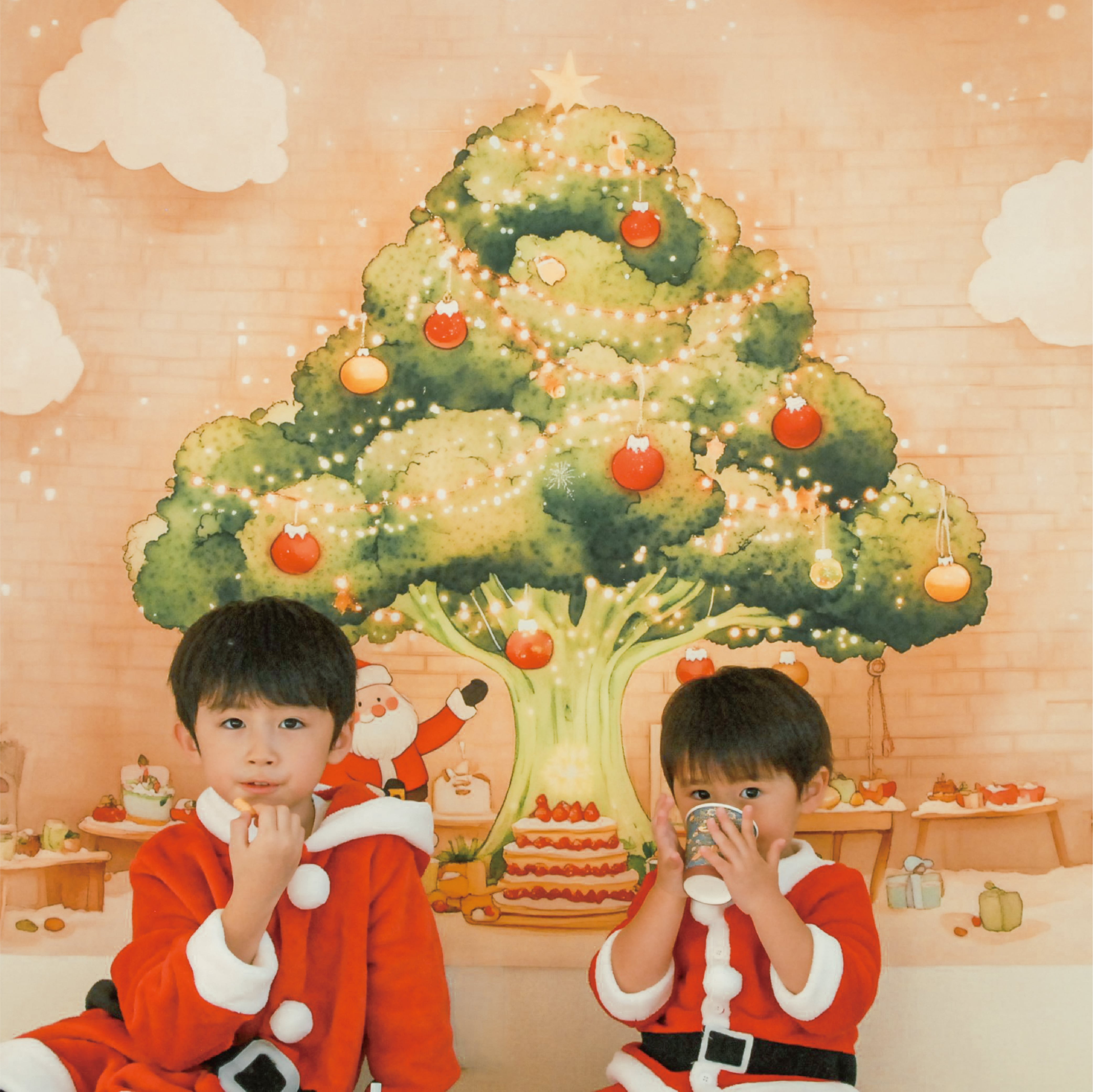 即日発送可　クリスマス 背景布 スクリーンシートスタジオ 写真撮影 タペストリー サンタとクリスマスツリーマット / おうちスタジオ /おうちフォトに