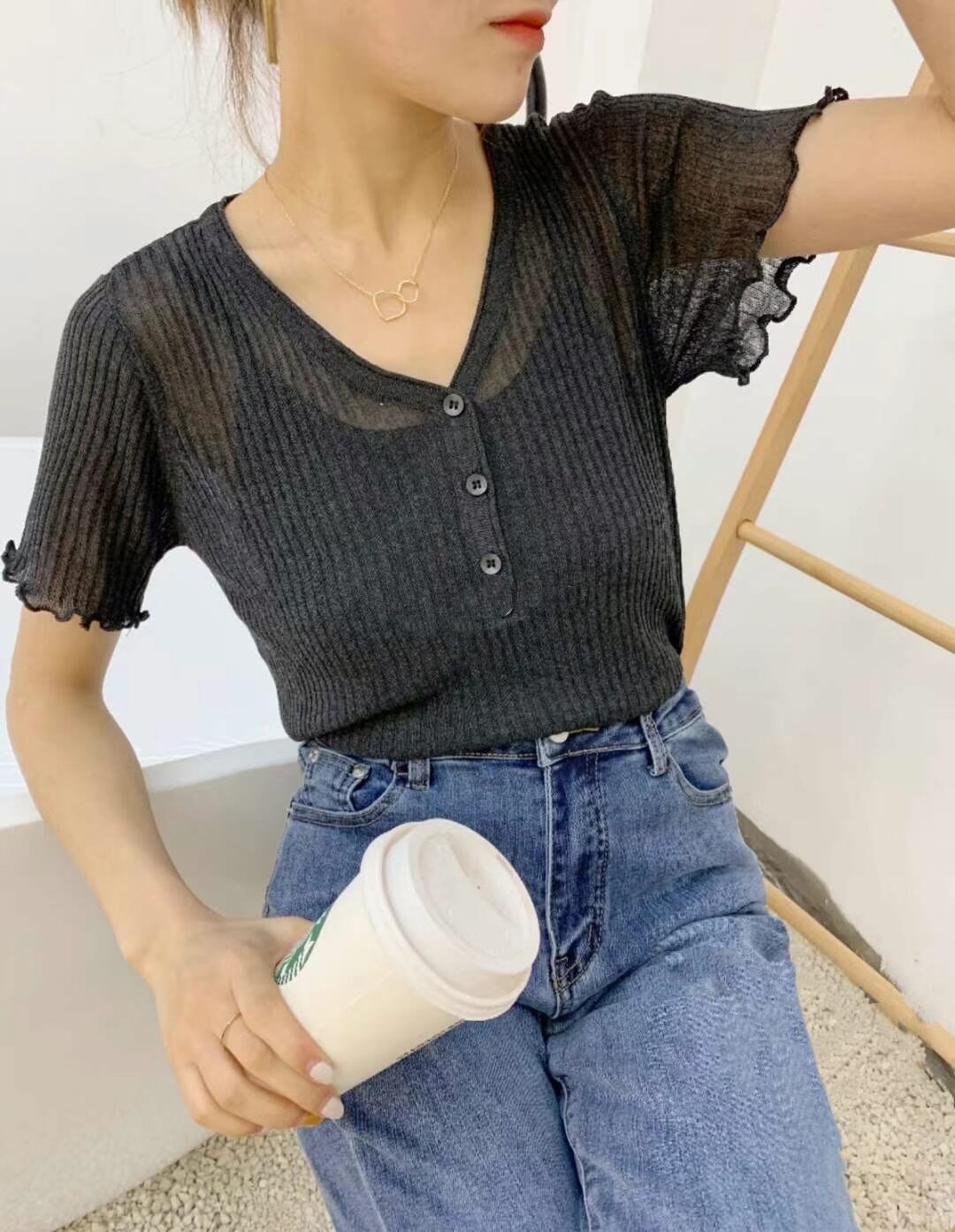 ヘンリーネック シアーリブトップス　AJ111-528-1