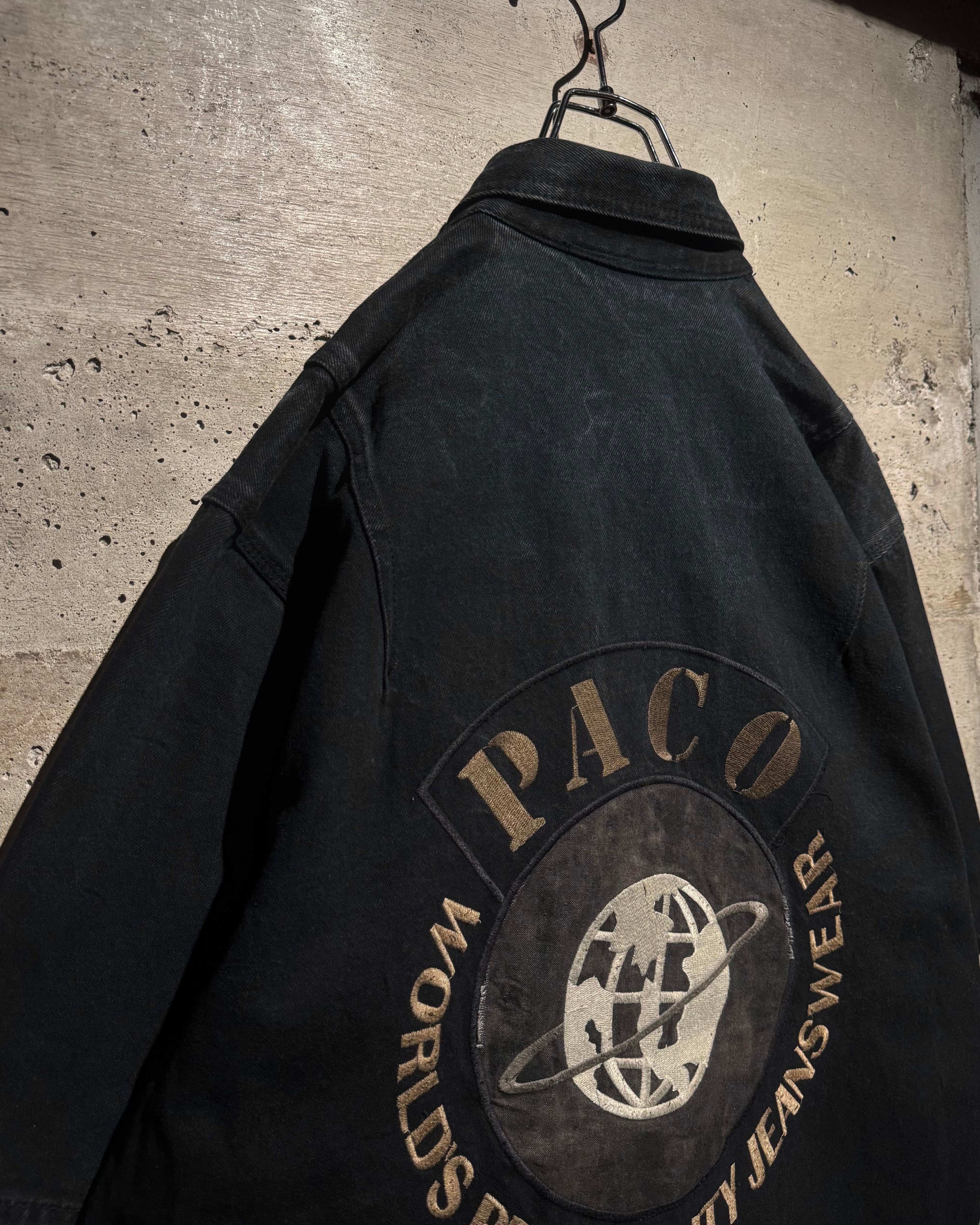 Caka】“PACO SPORTS” Logo Embroidery Vintage S/S Black Denim Shirt