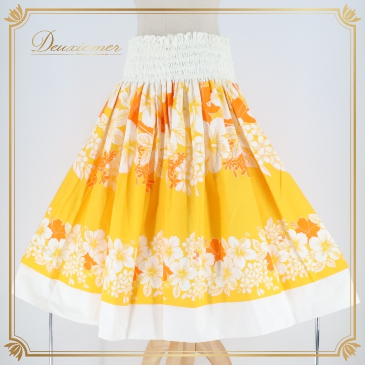 フラダンス 衣装 パウスカート プアラニ イエロー系 PUALANI 日本製 ツーカラー ハイビスカス柄 プルメリア柄 シングル かわいい 華やか 鮮やか 明るい 白 黄 ハワイアン アロハ ハワイアンプリント フラ ダンス レッスン 練習 ふんわり