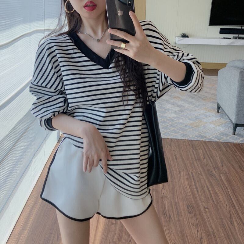 オータムVネックストライプTシャツ トップス ハイウェストルーズショーツ ロング 秋物 ブルマー ガールズファッション80560465726