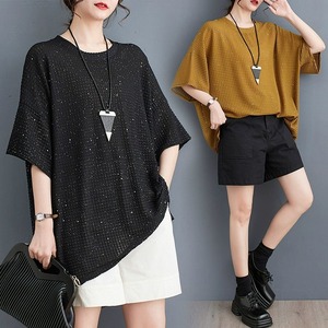 WAFFLE GLITTER TRIMMED ROUND NECK T-SHIRT 2colors M-9013