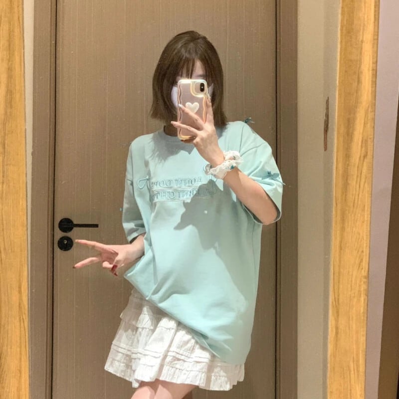 レターボウ刺繍 Tシャツ女性の夏ルース怠惰なミントグリーン Tシャツ