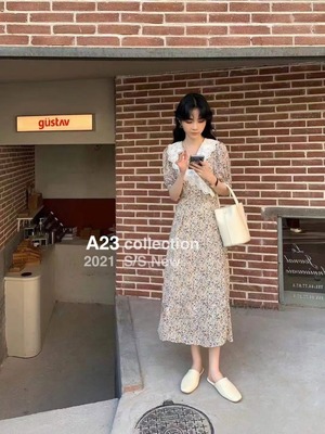 レース襟　花柄ワンピース　AJ3396-960