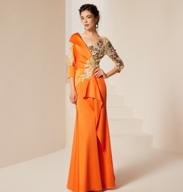 オレンジ マキシ丈 Ｖネック スパンコール パーティードレス ipd0424