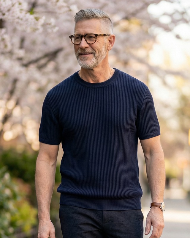 リブ編み クルーネック半袖ニットTシャツ 7色　A0206