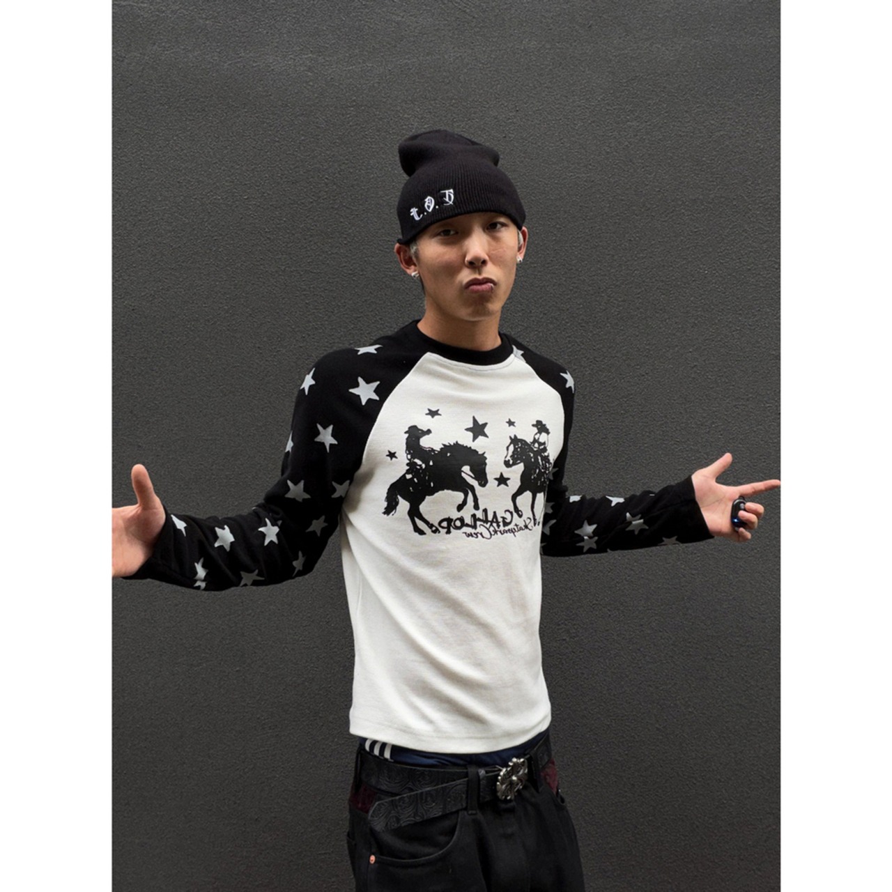 VINTAGE ストリート スタースリーブ ワッフルロングTシャツ T2245
