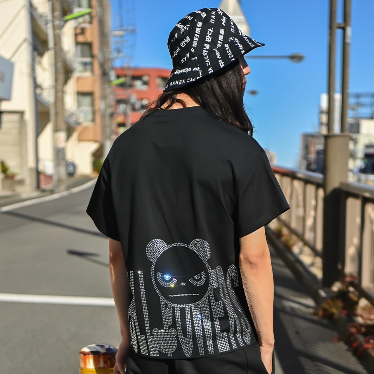 【HIPANDA 】1604メンズ ラインストーン ビッグシルエット Tシャツ MEN'S RHINESTONE BIG SILHOUETTE SHORT SLEEVED T-SHIRT / WHITE・BLACK・BLUE
