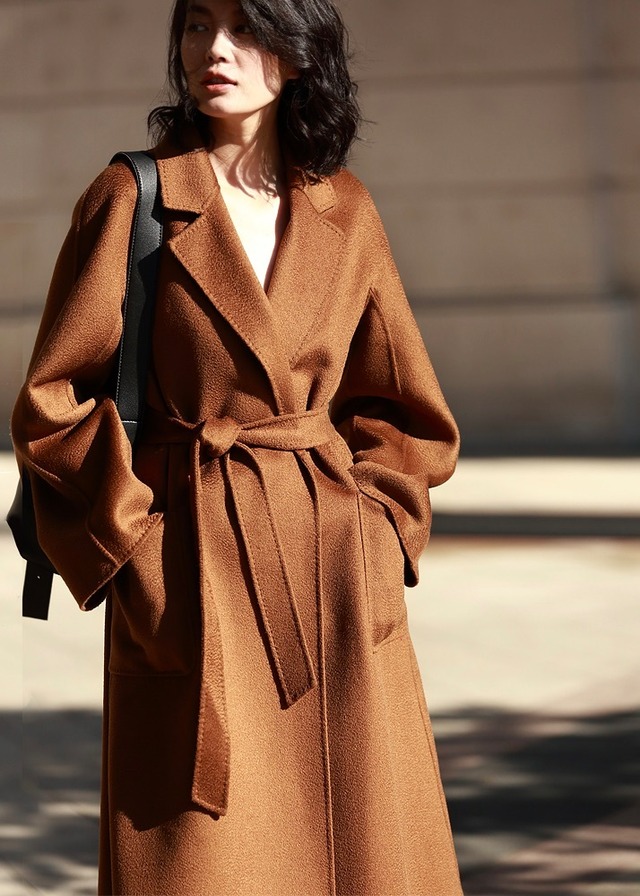 【定番】カシミヤブレンドロングリバーコート-ブラウン