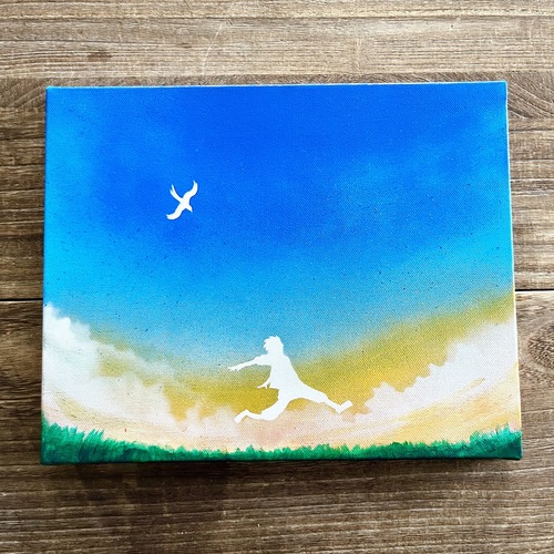 「あの空まで飛べたら」 原画 空×鳥×少年 青 絵画 キャンバス 風景画 スプレーアート インテリアパネル