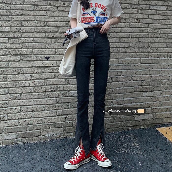 ウェストスリムパンツ スプリングオータムブラックジーンズ レッド 春物 秋物 モンロー83487381104