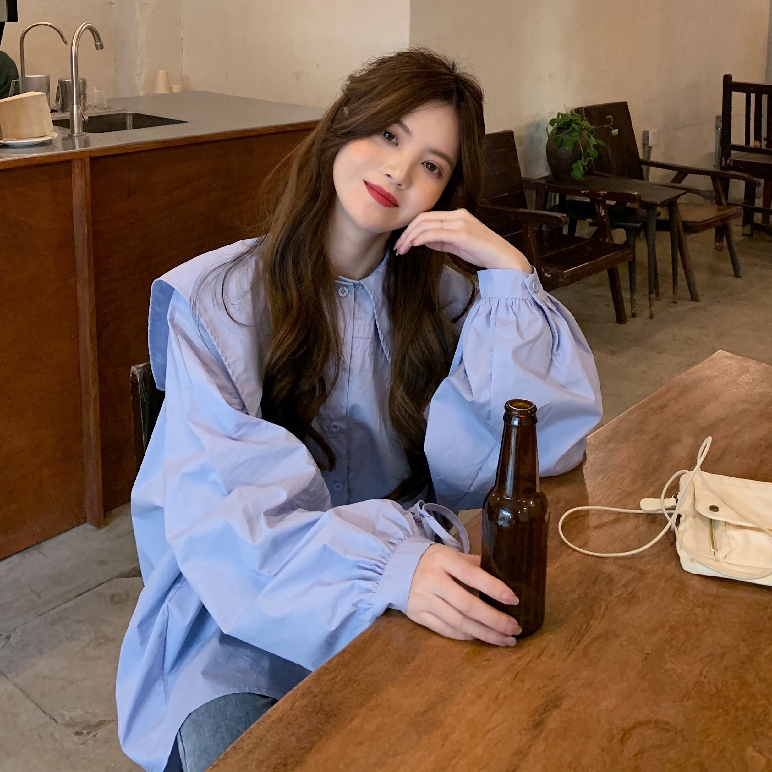 ネイビーカラーシャツ オータムルーズブルートップス 秋物 1号婦人94968919282