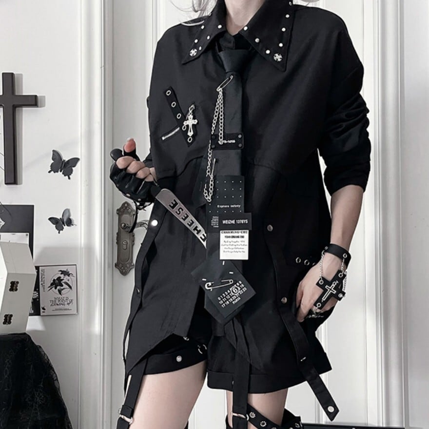 洋服まとめ売り 地雷系 甘辛MIX 長袖シャツ 黒 白 パンク ストリートファッション